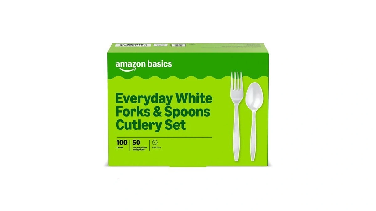 Amazon Basics Disposable Everyday White Forks & Spoons, 100 Count