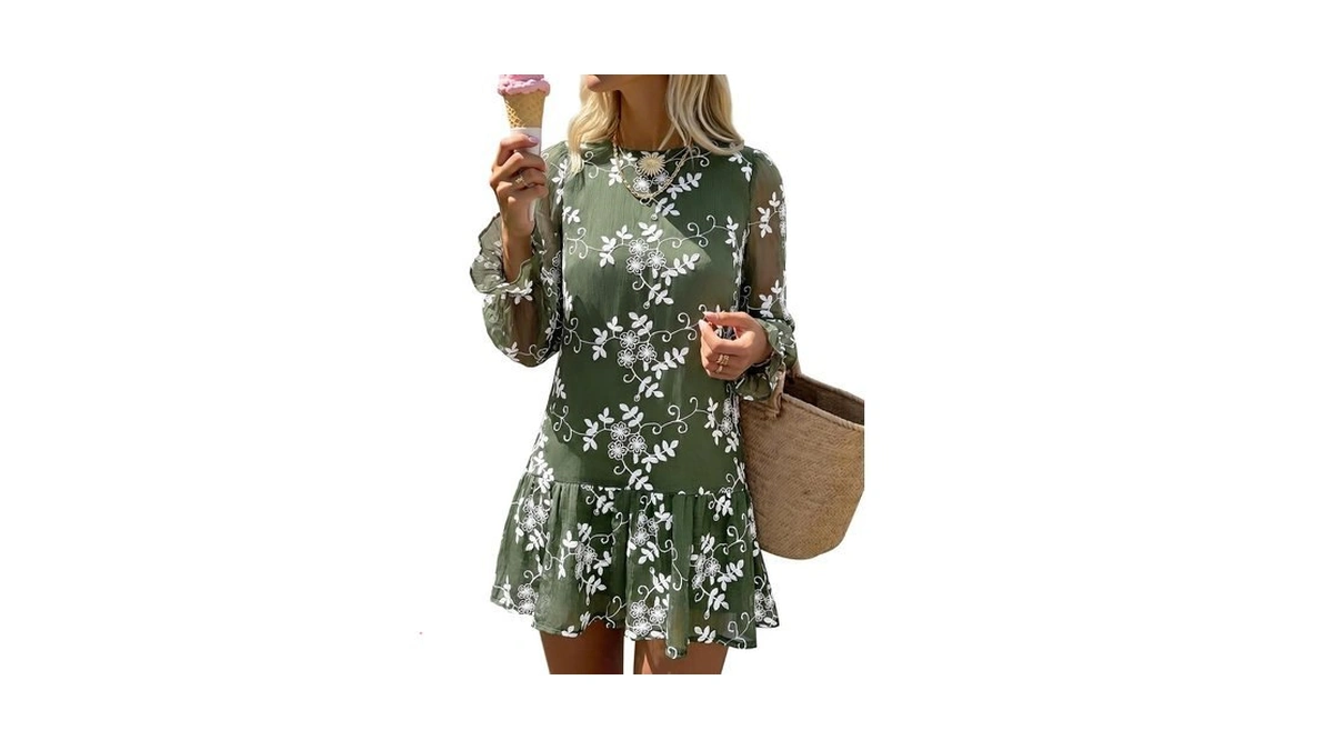 Dowerme Women's Casual Embroidered Mini Babydoll Dress, Army Green, S