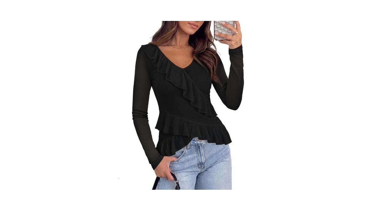 Okiwam Long Sleeve Shirts For Women Ruffle V Neck Y2k