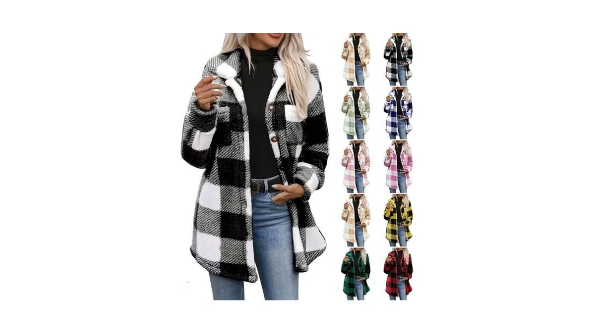 Yraetenm Fleece Jacket Women Casual Hooded Flannel Plaid Sherpa Shackets
