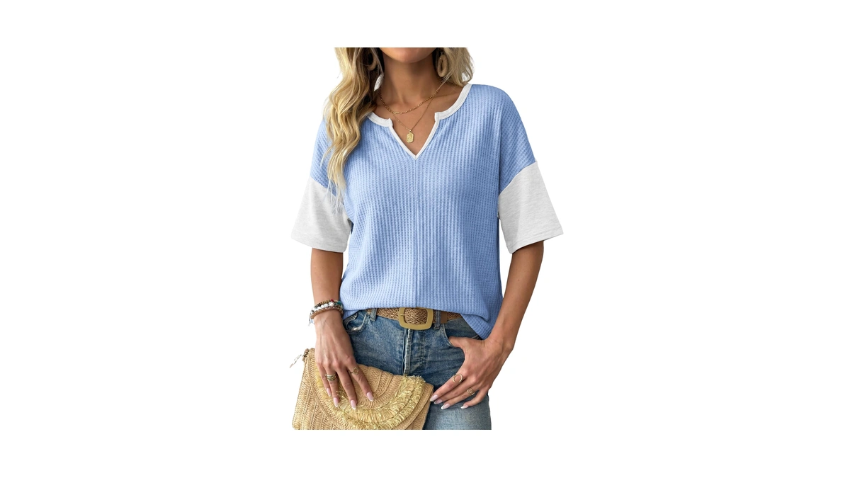 Dokotoo Womens Tops Colorblock Patchwork Waffle Knit Shirts Blue Xl