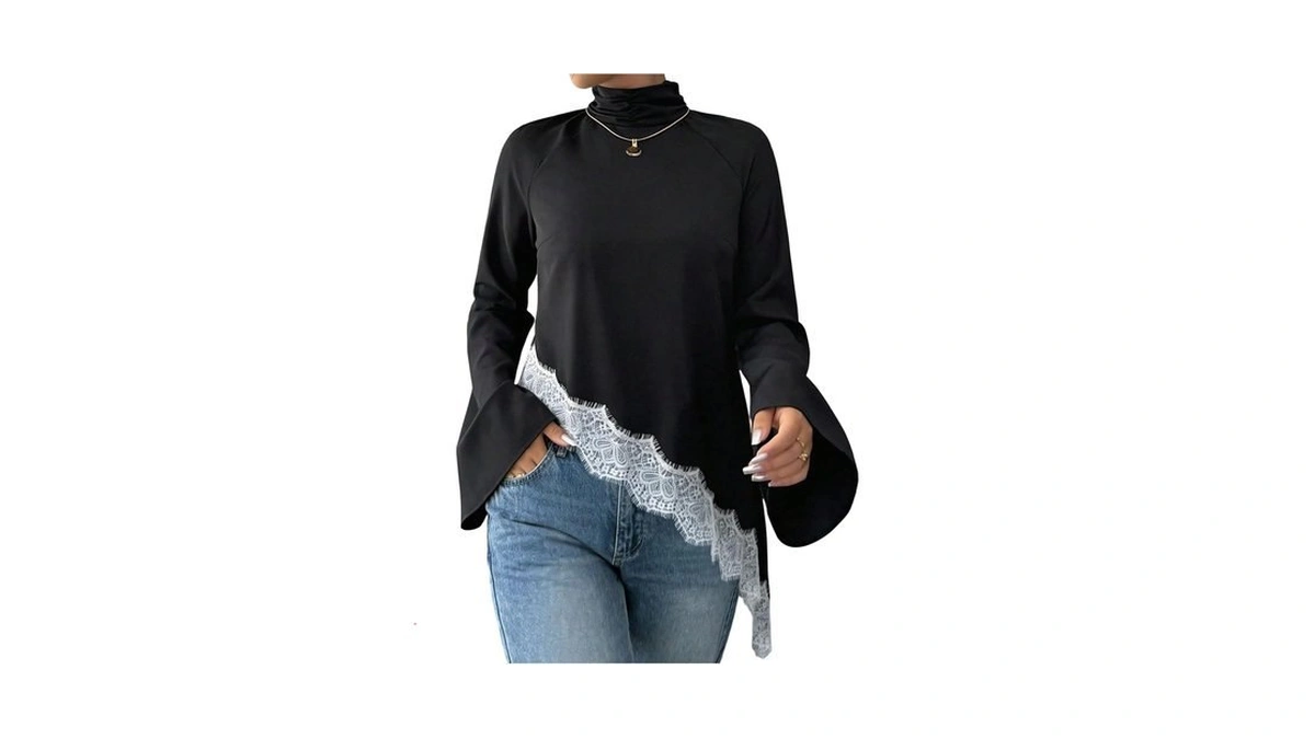 Beaudrm Women's Elegant Lace Blouses Bell Long Sleeve Mock Neck