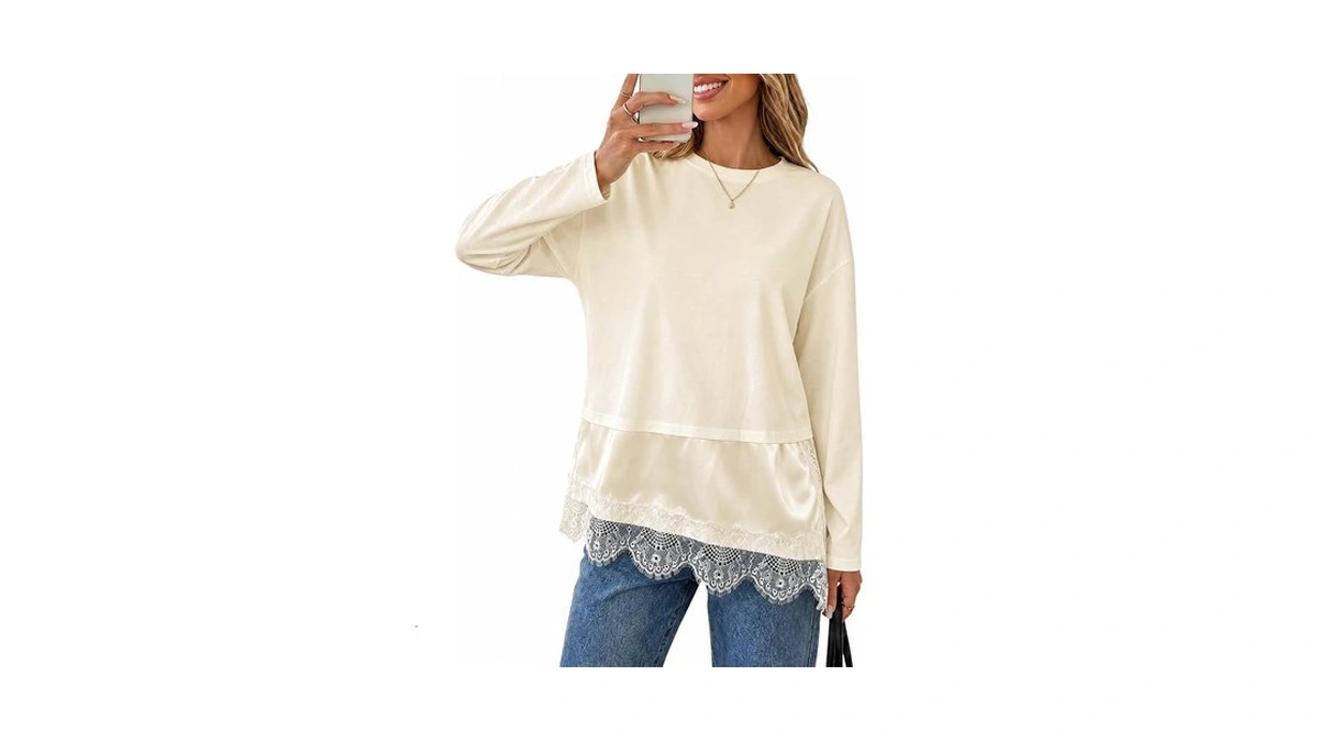 Tankaneo Womens Long Sleeve Lace Trim Tops Fall Asymmetrical Tunic