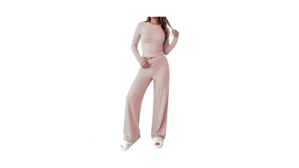 Prettygarden Women 2 Piece Striped Lounge Sets, Striped Pink Brown,s