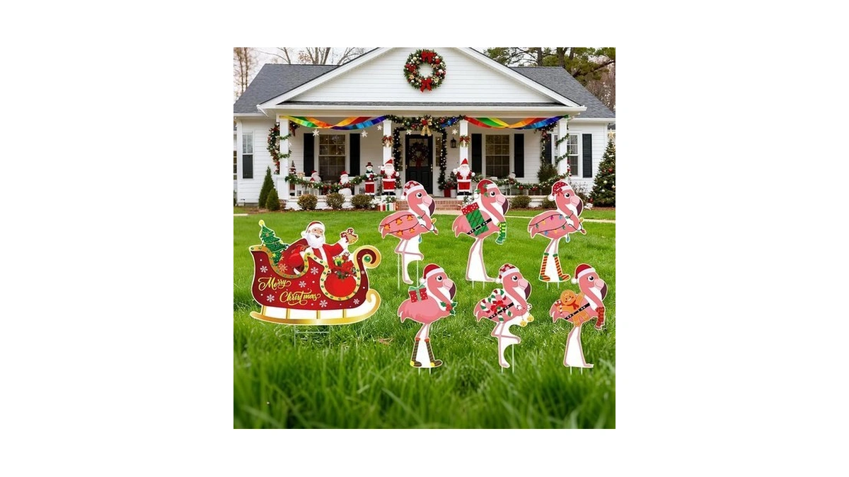 Arqrhtly 7pcs Christmas In July Flamingo Yard Sign With Stakes