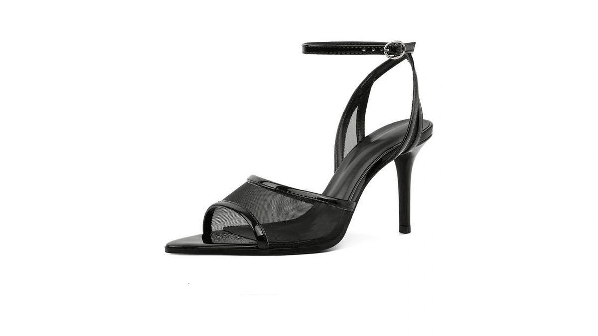 Soireelady Women's Black Mesh Heeled Sandals Open Toe Slingback High
