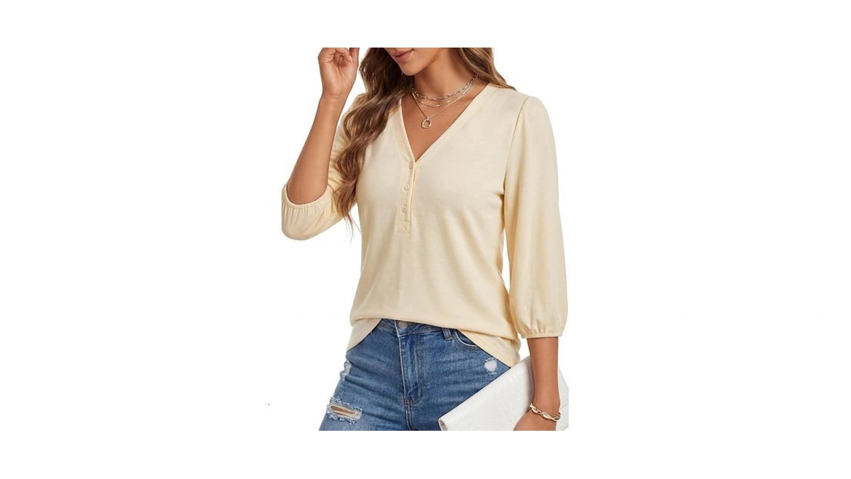 Lyaner Women's Button Up V Neck Casual T Shirts Light
