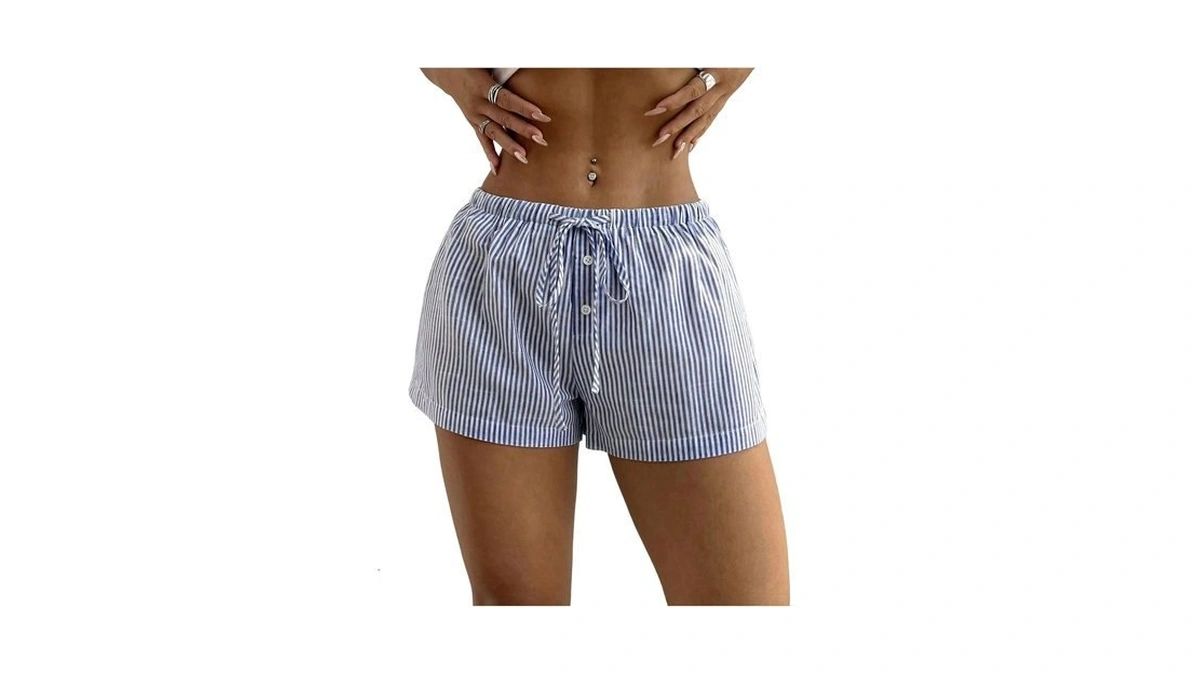 Roseseek Women's Striped Mini Shorts Elastic Drawstring Button Front Casual
