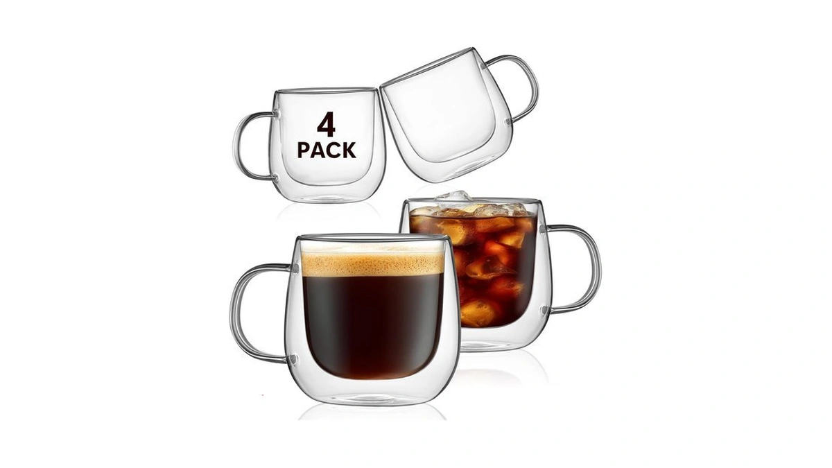 Pludyat 4 Pack Double Walled Glass Coffee Mugs, 16 Oz
