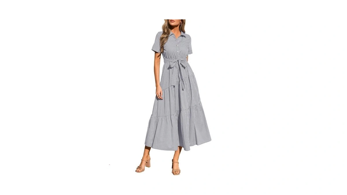 Prettygarden Women Striped Button Up Maxi Shirt Dress, Grey Striped,s