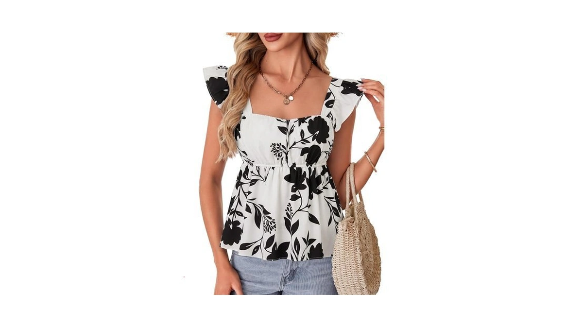 Rooscier Women's Square Neck Peplum Tank Tops Silhouettes Floral X-large
