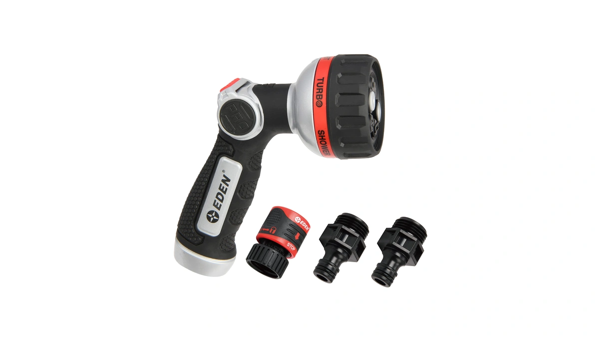 Eden Metal 6-pattern Hose Nozzle: Thumb Operated, Heavy-duty Aluminum Core