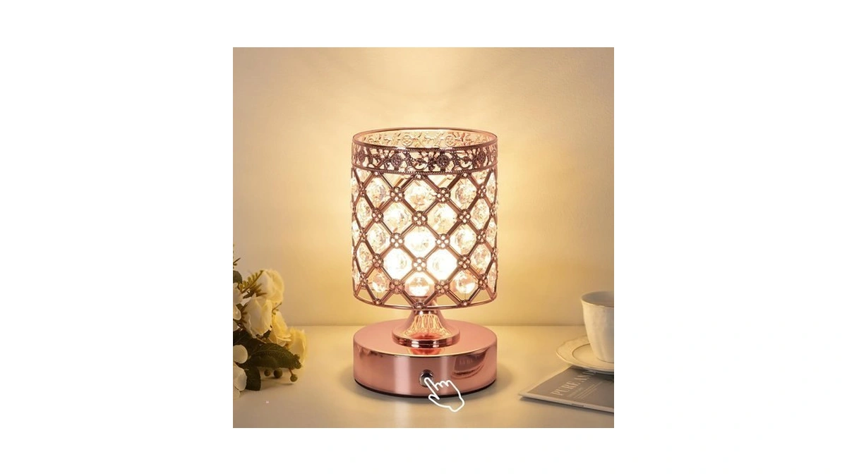 Rose Gold Crystal Rechargeable Cordless Table Lamp, Touch Small Desk
