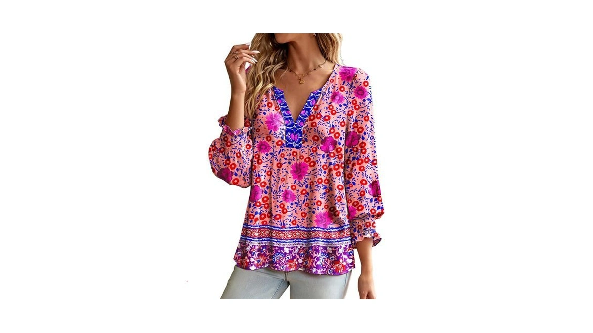 Bohowe Ladie's Boho Tops Cotton Floral 3/4 Sleeve Shirts Ruffle
