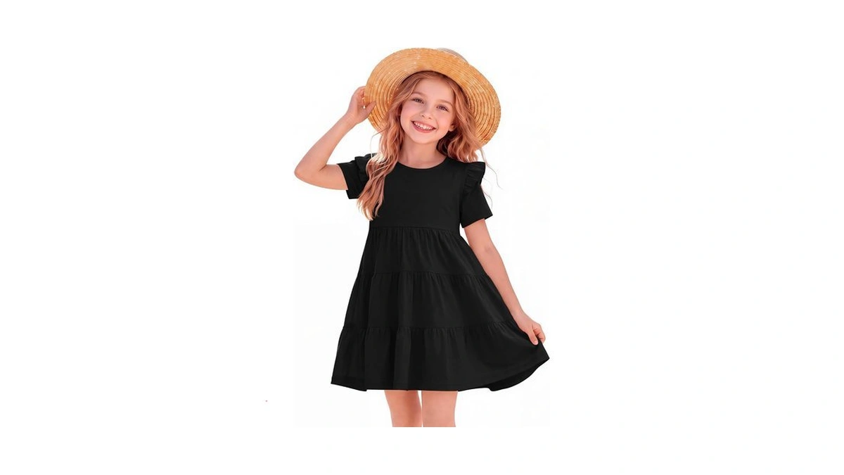 Yooaurvox Girls Short Sleeve Ruffle Dress 5-14 Y, Black, 7-8
