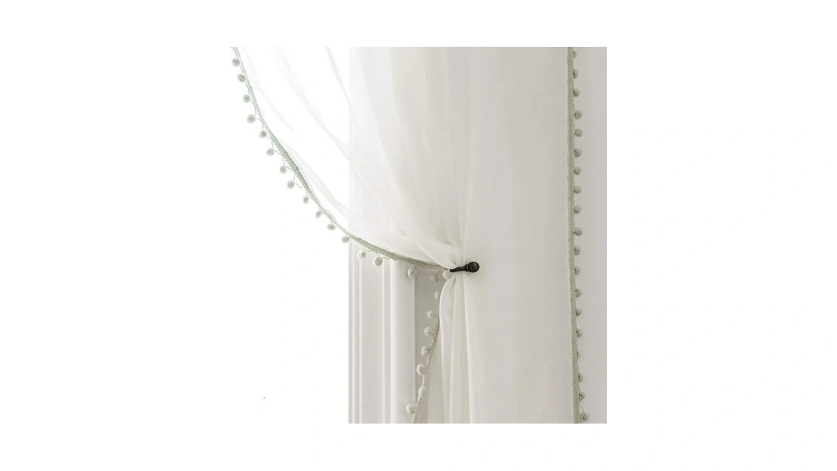 Miss Selectex Linen Look Pom Pom Tasseled Sheer Curtains -