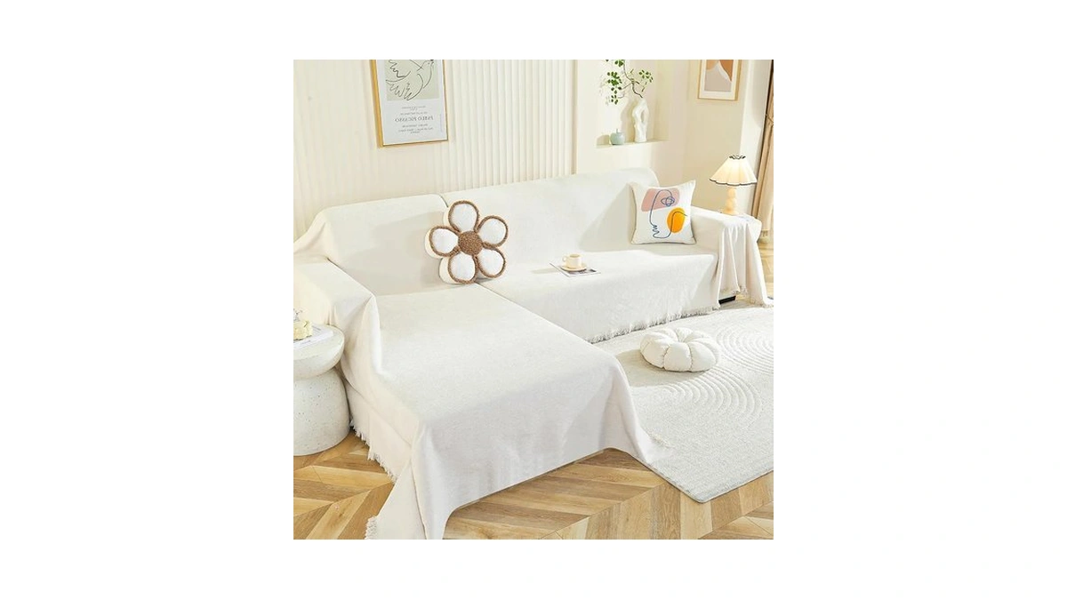 Royhom L-shaped Sectional Couch Covers, 2-piece Beige White