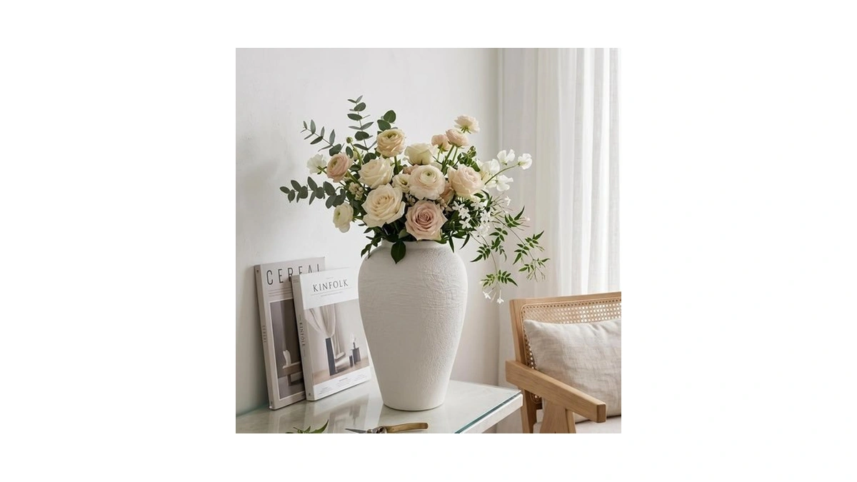 Vintage Ceramic Vase, Minimalist Texture Stone Patterned White Flower Vase,