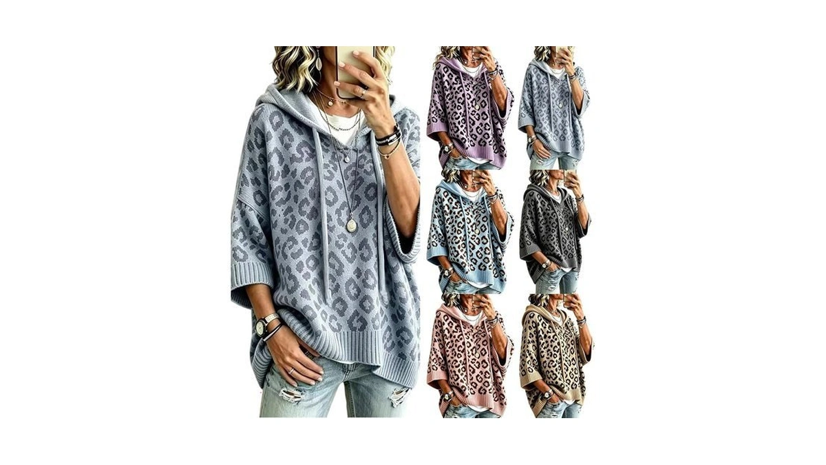 Women Leopard Print Hooded Knit Pullover Sweater 3/4 Short Sleeve