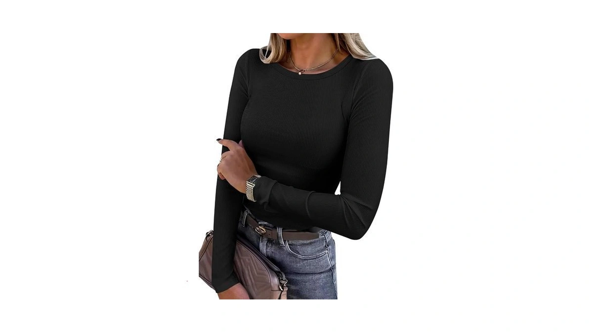Anrabess Women Long Sleeve Shirts Ribbed Fitted Tops,black,l