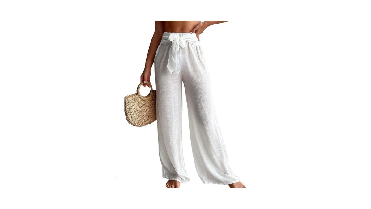 Cozyease Women's Mesh Tie Front Wide Leg Cover Up Pants