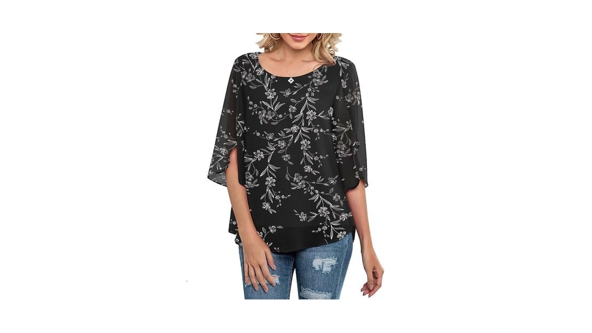 Neineiwu Women's Printed 3/4 Ruffle Sleeve Chiffon Blouse Top (black