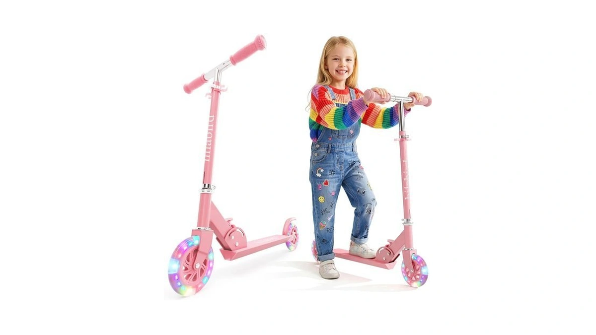 Hilabird Kids Kick Scooter, Light-up Wheels, Foldable, Ages 5+, Pink