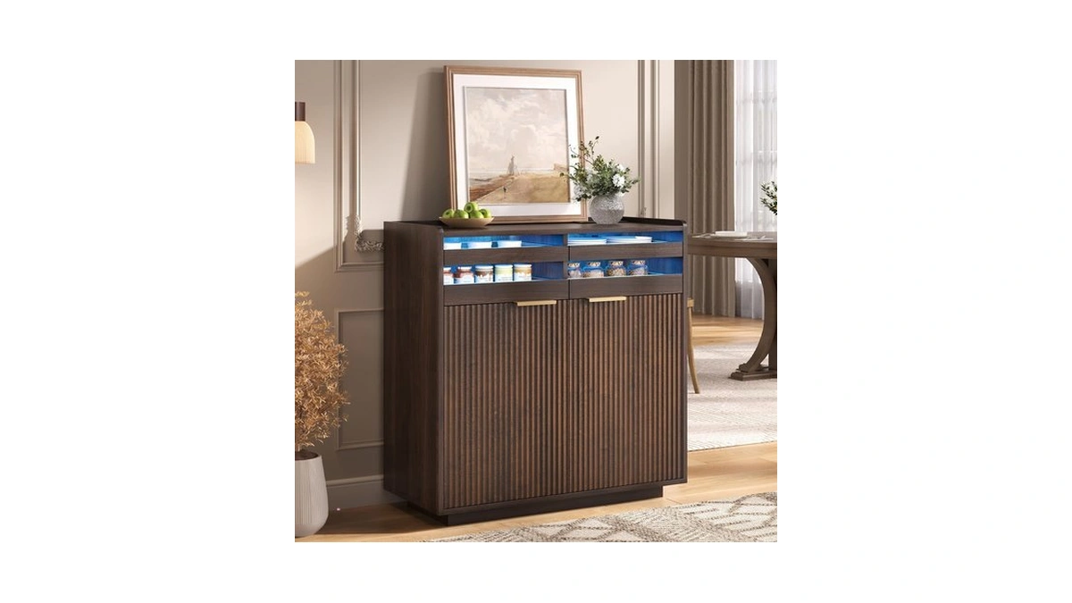 Asdhvcco 31.5" Coffee Bar Cabinet With Led Lights, Buffet Sideboard,