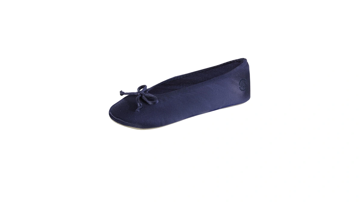 Isotoner Women's Satin Ballerina Slipper With Bow, Suede Sole, Navy,