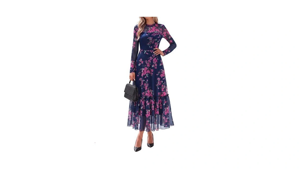 Btfbm Boho Mesh Long Sleeve Dress For Women,floral Navy Pink,xs