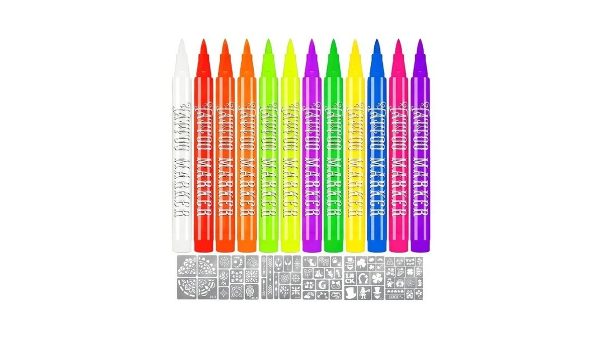 Temporary Tattoo Markers For Skin, 12 Fluorescent Colors Face Body