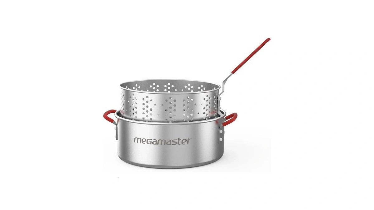 Megamaster Aluminium 10.5qt Fish Fryer Pot With Basket, Silicone Handle