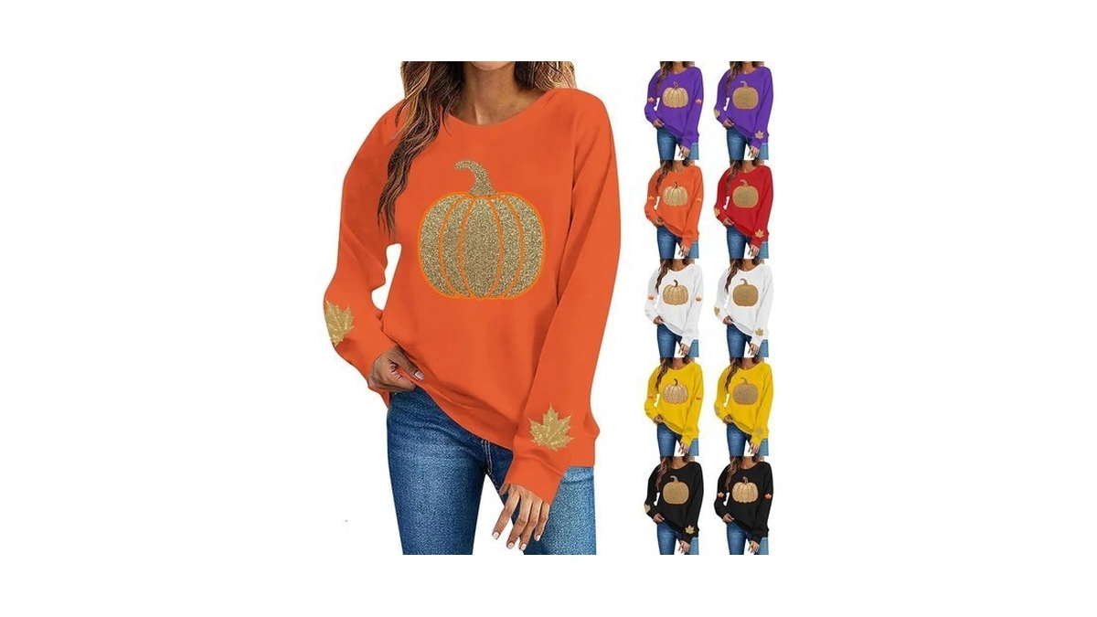 Halloween Sweatshirts For Women Glitter Pumpkin Maple Leaf Fall Season