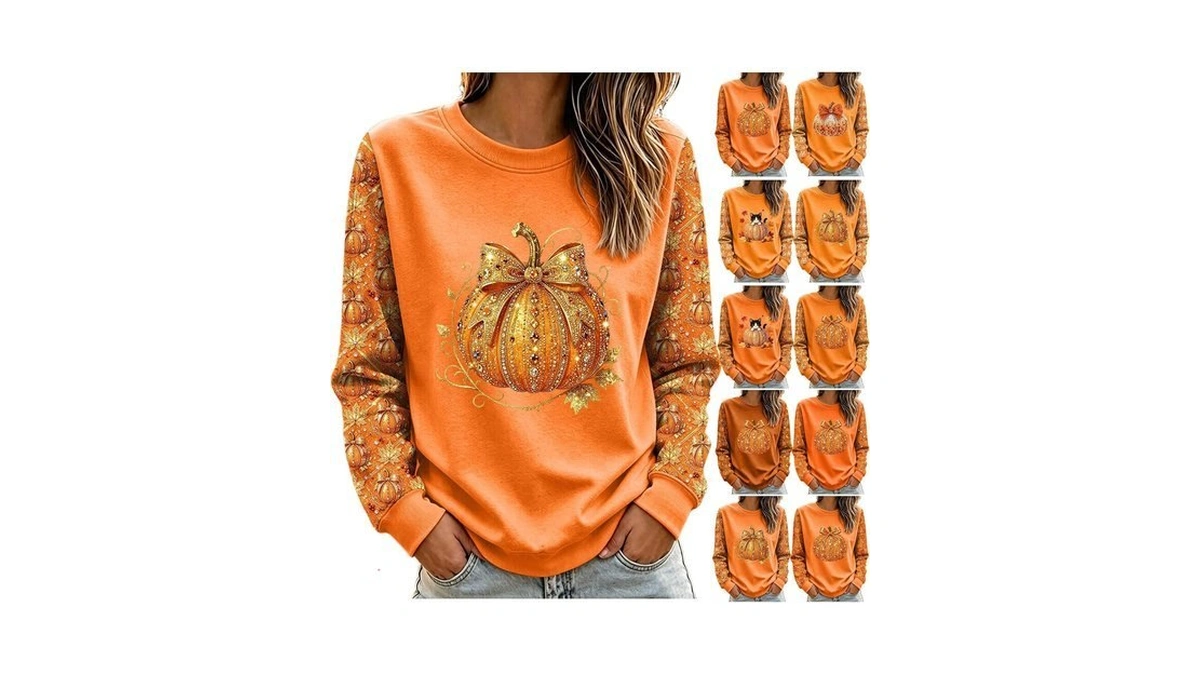 Halloween Sweatshirts For Women Sequin Pumpkin Print Pullover Tops