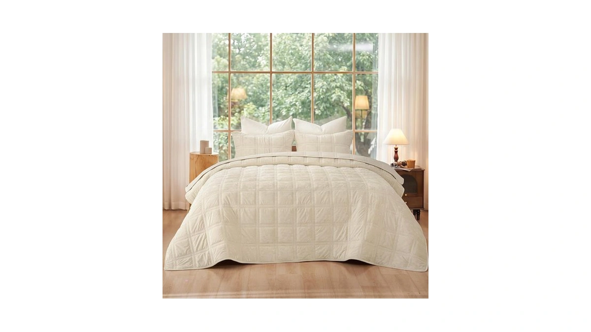 Phf Diamond Pattern Luxury Velvet Quilt Set King Size, Sand