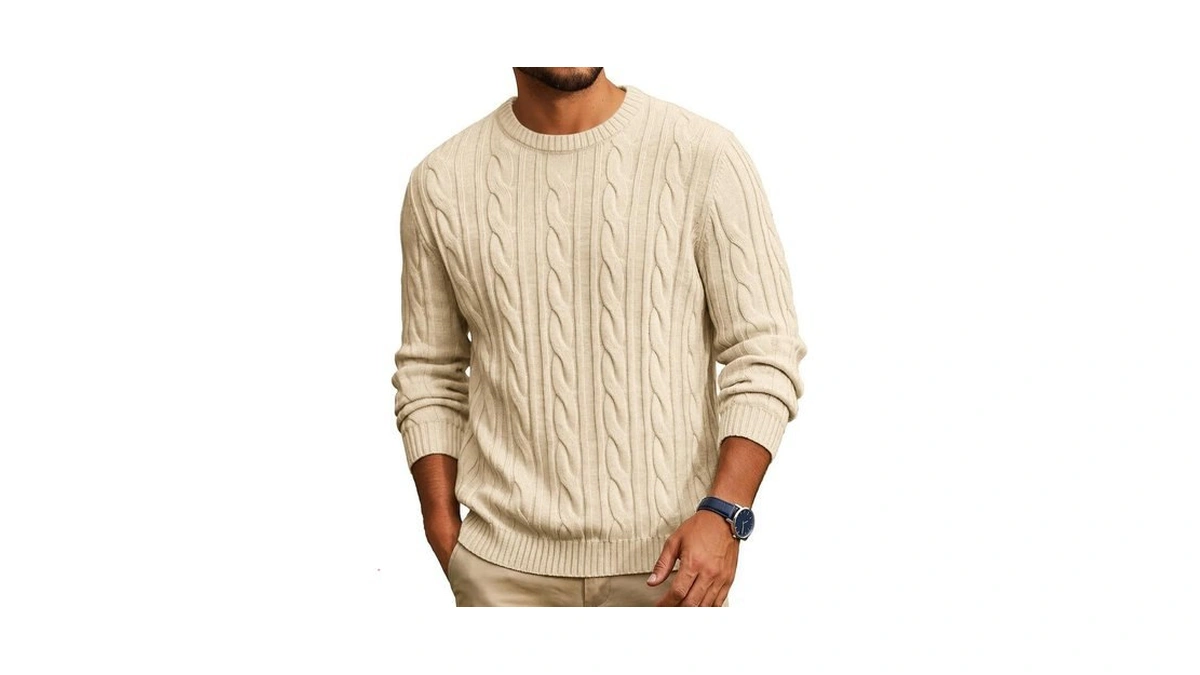 Coofandy Mens Crewneck Seater Cable Knit Pullover Casual Cable Sweaters