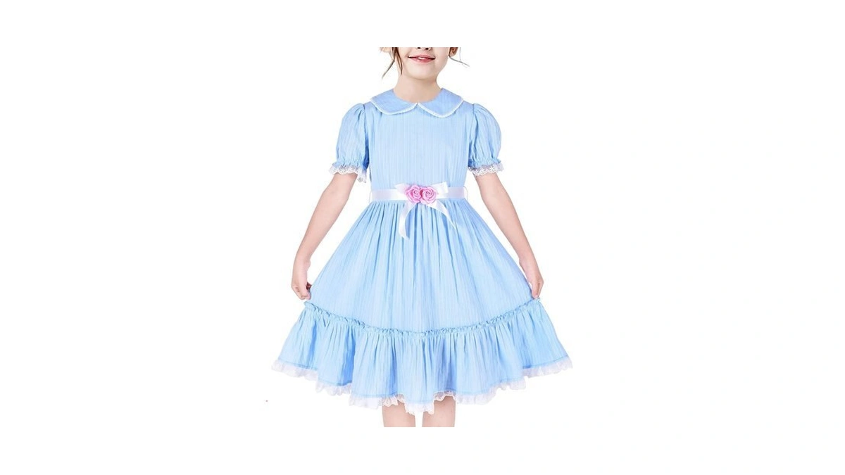 Sunny Fashion Girls Dress Blue Collar Pink Flower Scary Horror