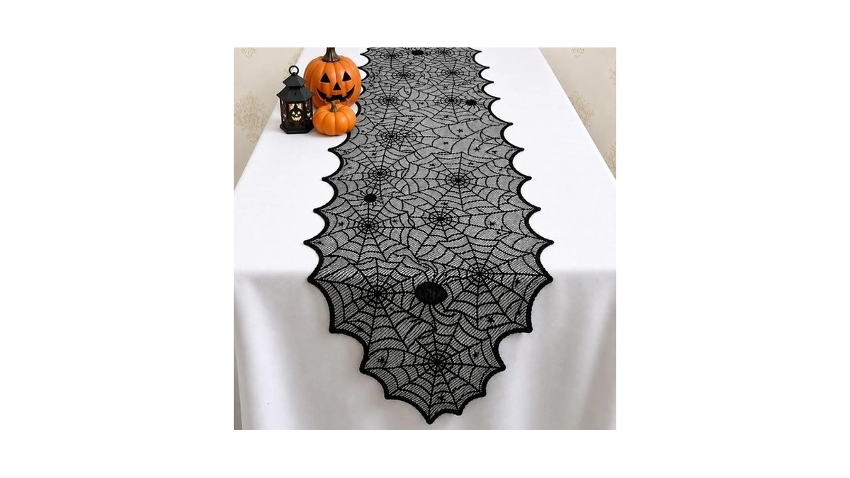 Halloween Decorations - Black Lace Spider Web Table Runner |