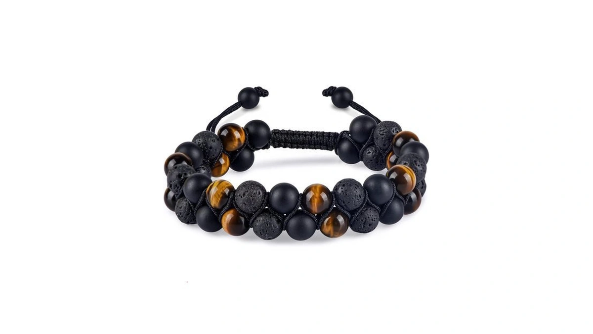 Triple Protection Bracelet, Healing Crystals Tigers Eye Black Obsidian Lava