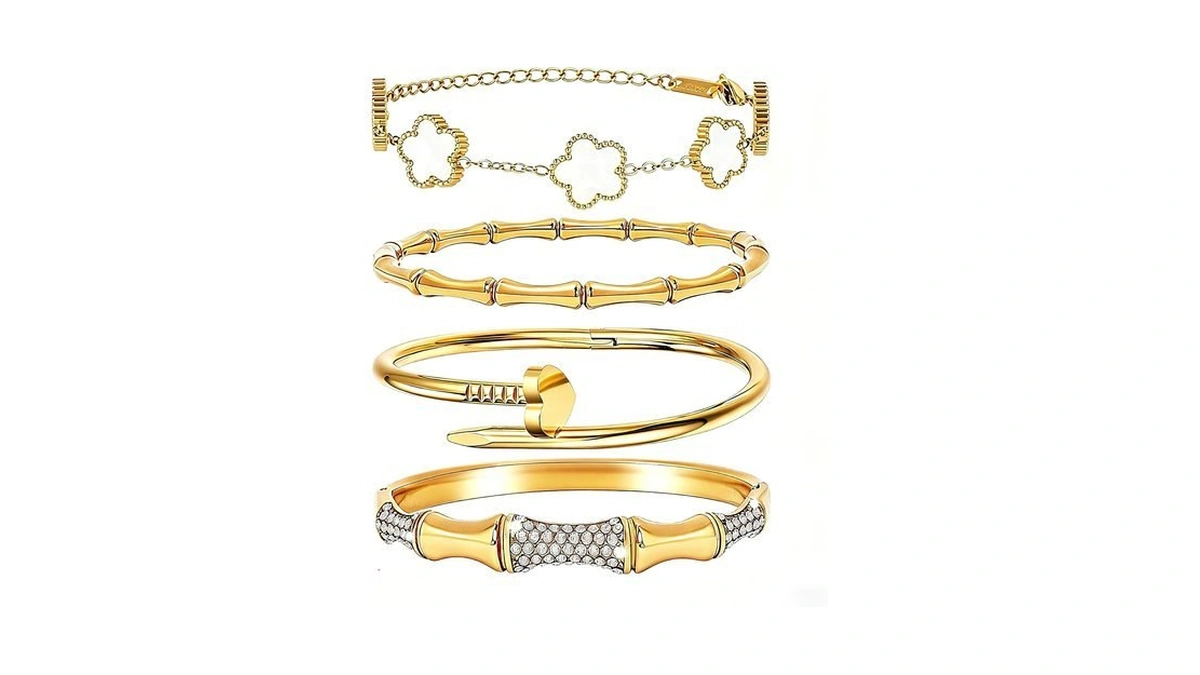 Stackable Gold Bracelets For Women - 4 Sets, 18k Gold