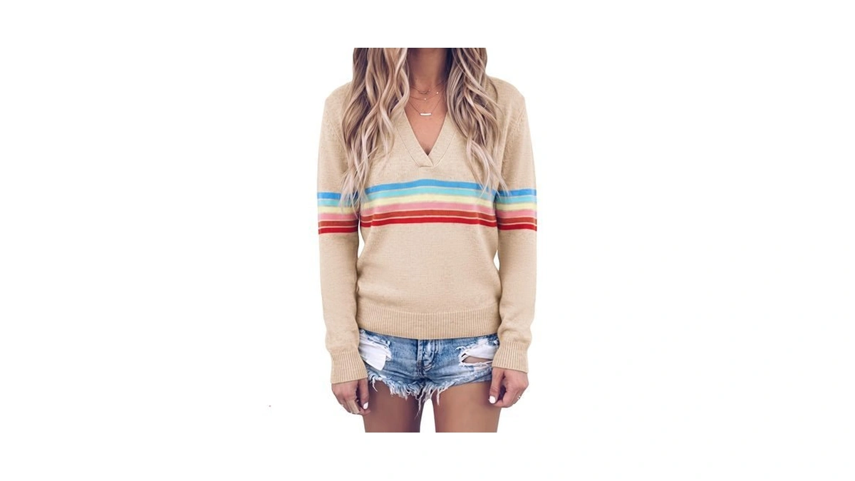 Women's Casual Loose Striped Sweater V Neck Long Sleeve Color