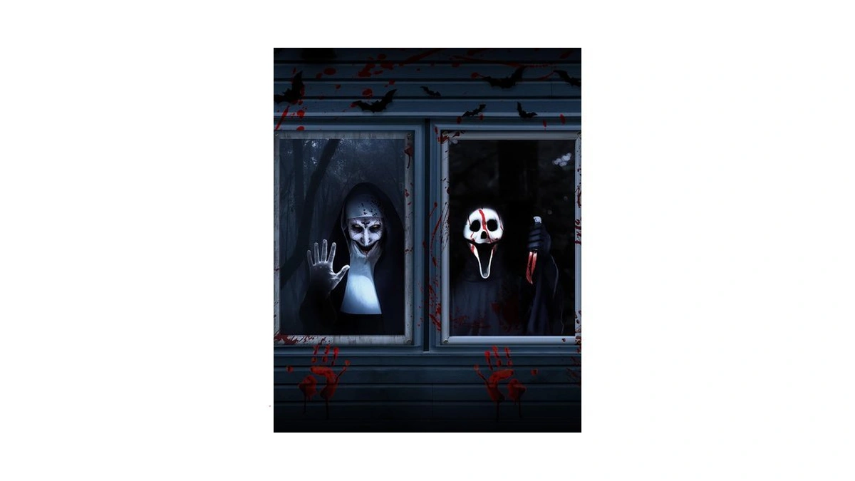 Yuspenye 2pcs Halloween Window Cover Decor, Scary Ghost Curtain Outdoor
