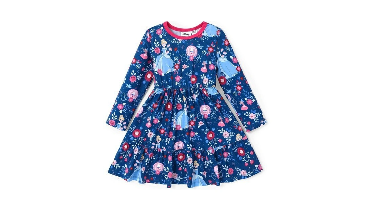 Disney Princess Cinderella Dress Toddler Girl Floral Skater Dresses Long-sleeve