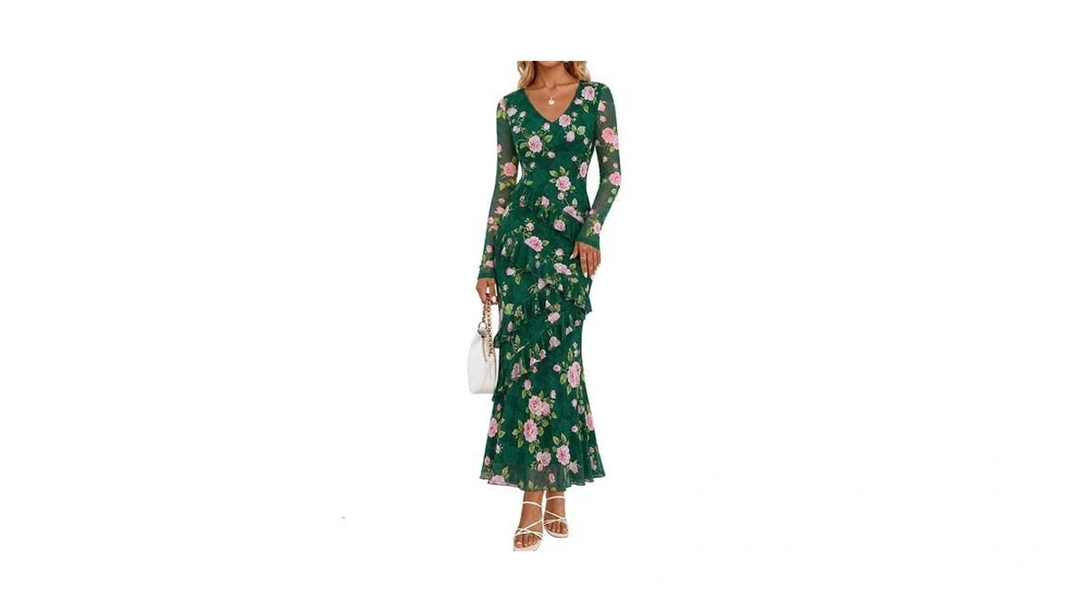 Merokeety Women Fall Floral Long Sleeve Bodycon Maxi Dress, Green,