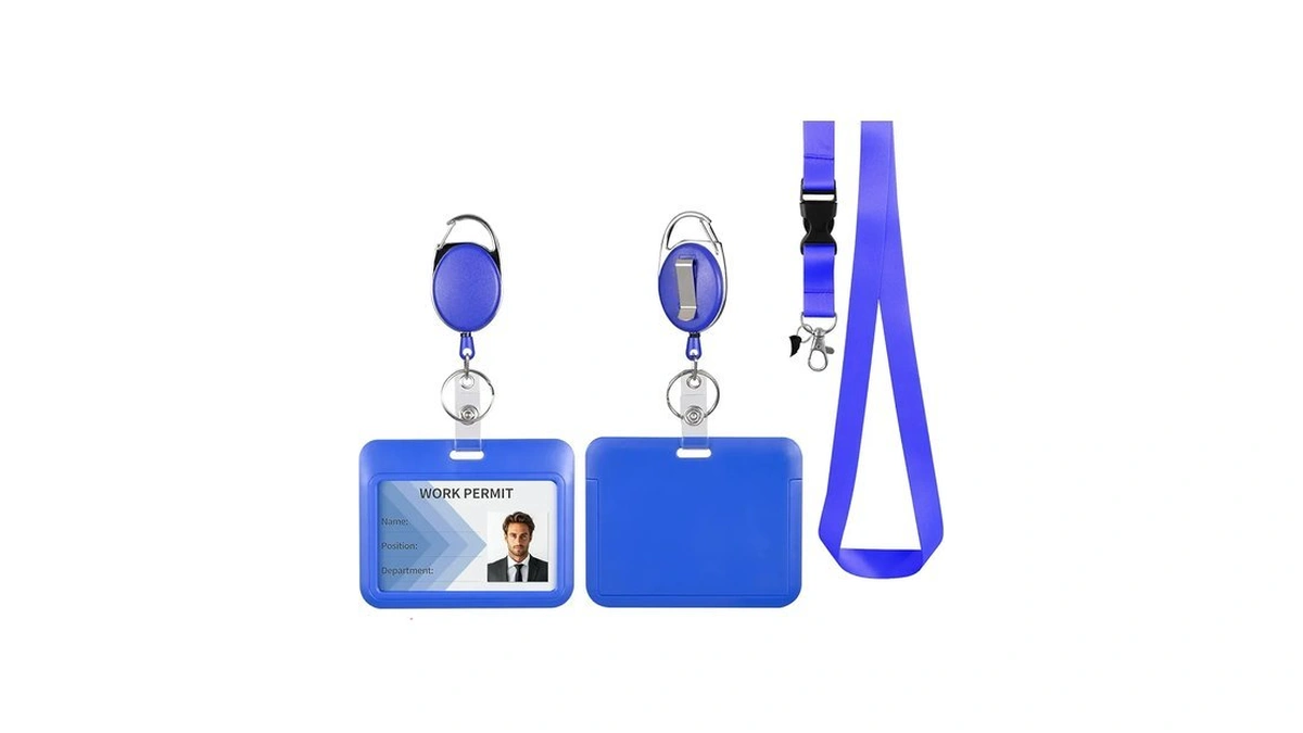 Blue Horizontal Id Badge Holder With Lanyard, Retractable Heavy Duty
