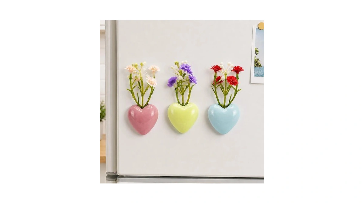 3pcs Mini Ceramic Heart Fridge Magnet Vase - With Artificial