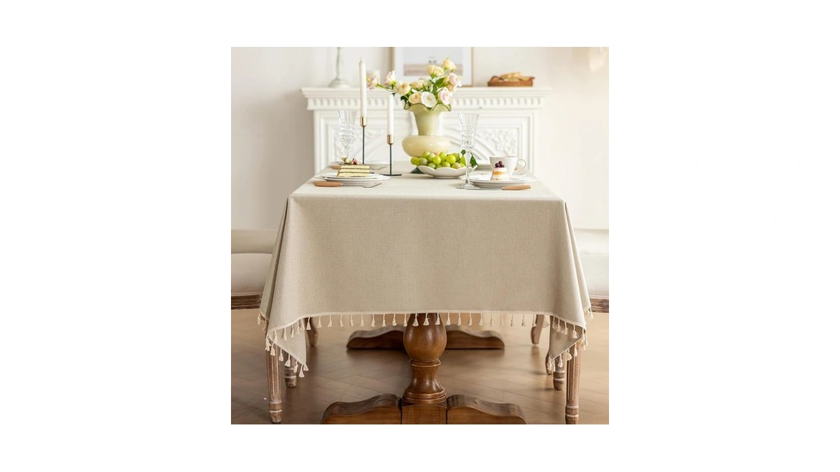 Heavyweight Polyester Square Tablecloth With Tassels, Warm Beige, 55 X