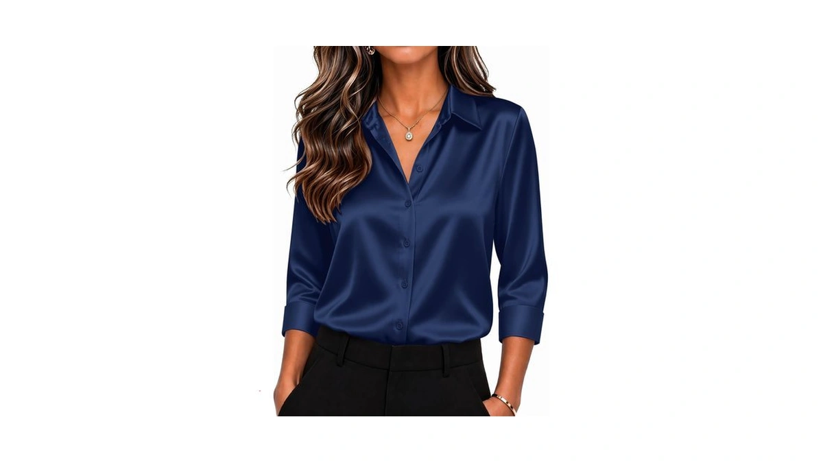 Zeagoo Shirts For Women Satin Button Down Blouses 3/4 Sleeve