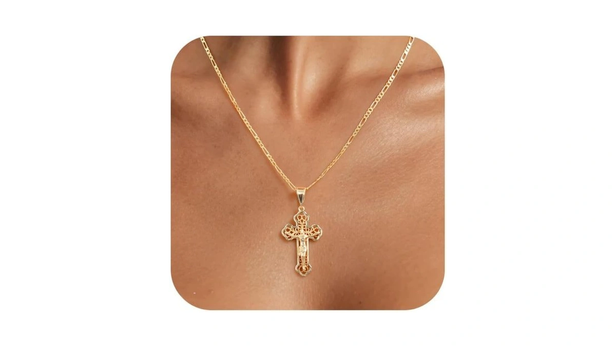 Xuanpai Gold Cross Necklace For Women, 14k Gold Plated Cross