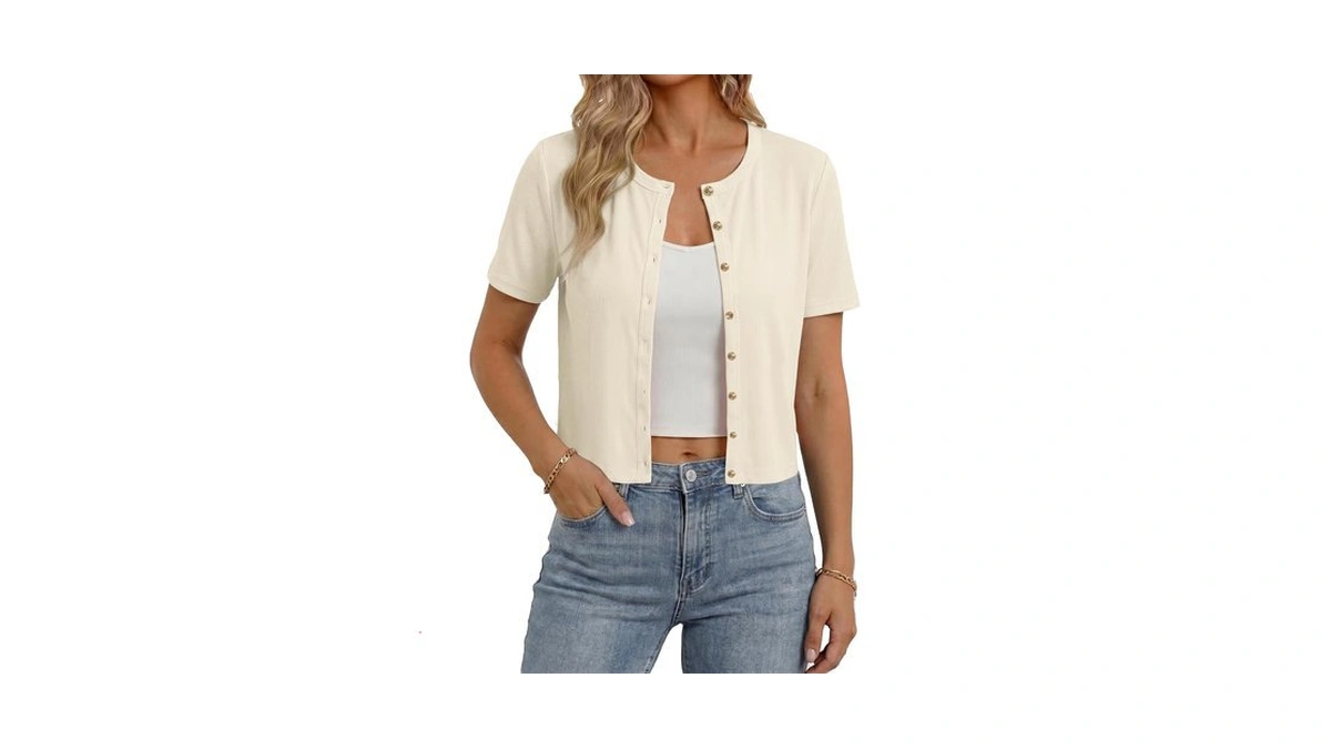 Gleeneat Short Sleeve Button Down Up Cardigan Summer Cropped Light